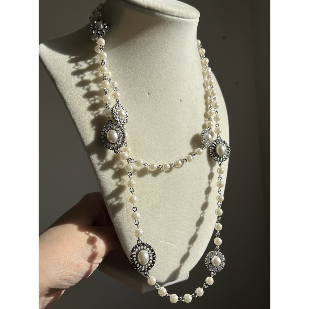 Premiere Design Pearl Rhinestone Silver 44” Necklace Long Gorgeous